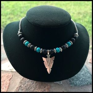 Lava rock & turquoise boho silver arrow choker
